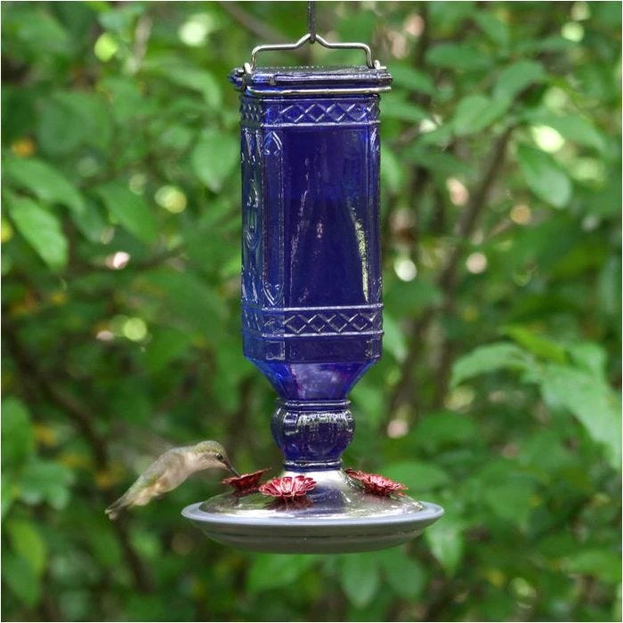 Perky-Pet® Cobalt Blue Square Antique Glass Bottle Hummingbird Feeder - Image 4