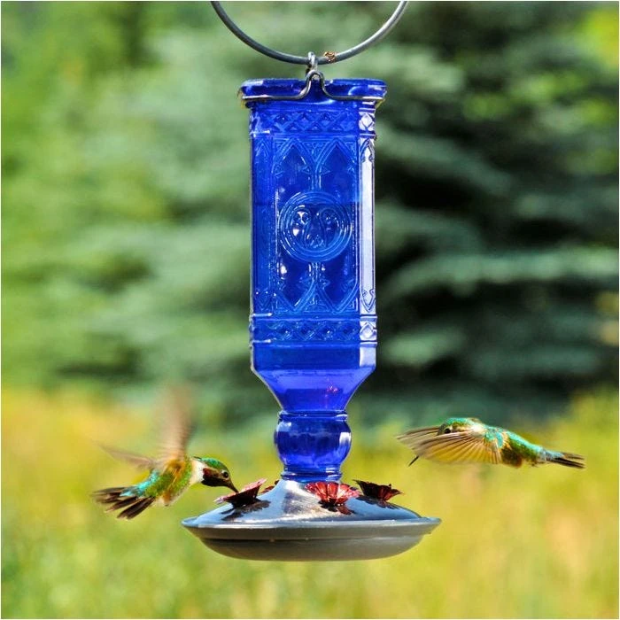 Perky-Pet® Cobalt Blue Square Antique Glass Bottle Hummingbird Feeder