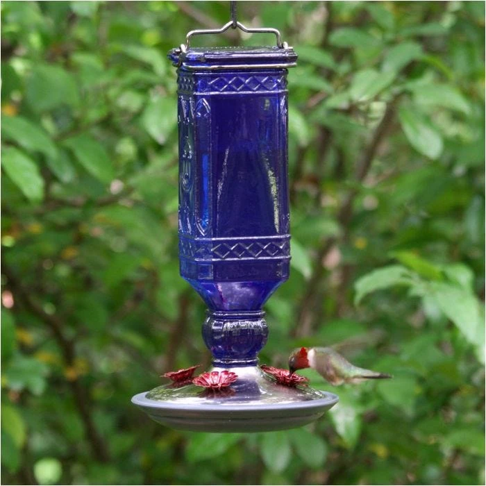 Perky-Pet® Cobalt Blue Square Antique Glass Bottle Hummingbird Feeder - Image 2