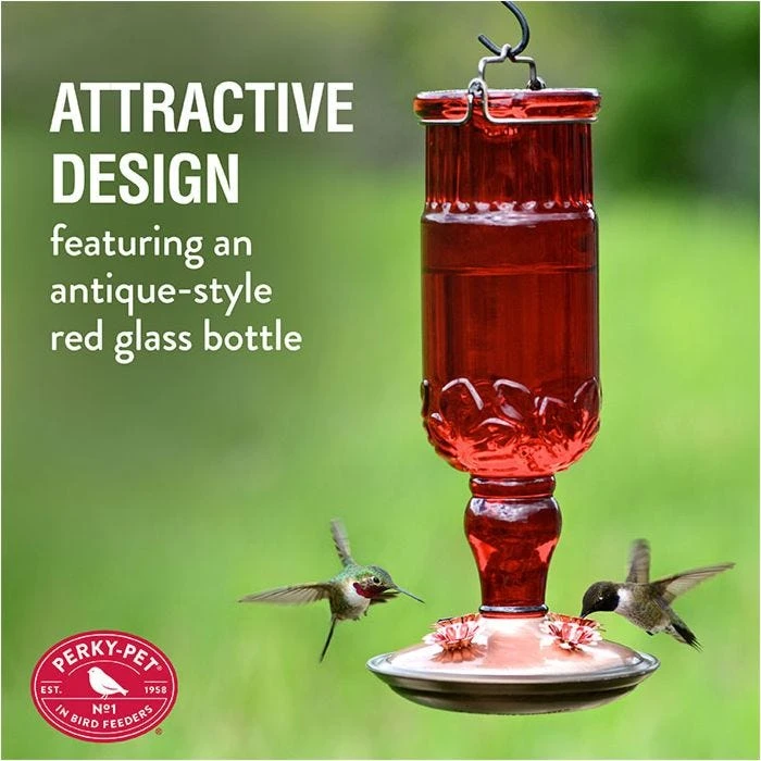 Perky-PetĀ® Red Antique Glass Bottle Hummingbird Feeder - 24 Oz Nectar Capacity - Image 3