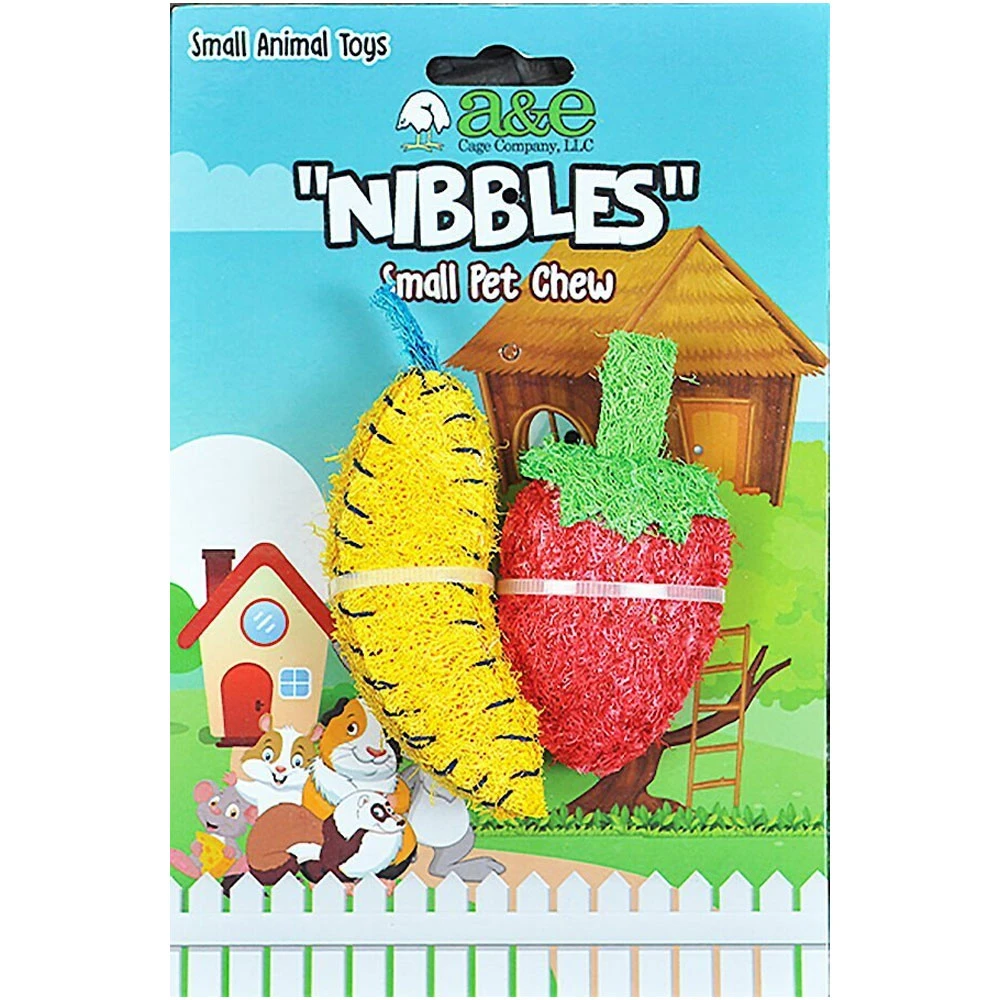 A&E Cage Company Nibbles Loofah Banana & Strawberry Small Pet Toy
