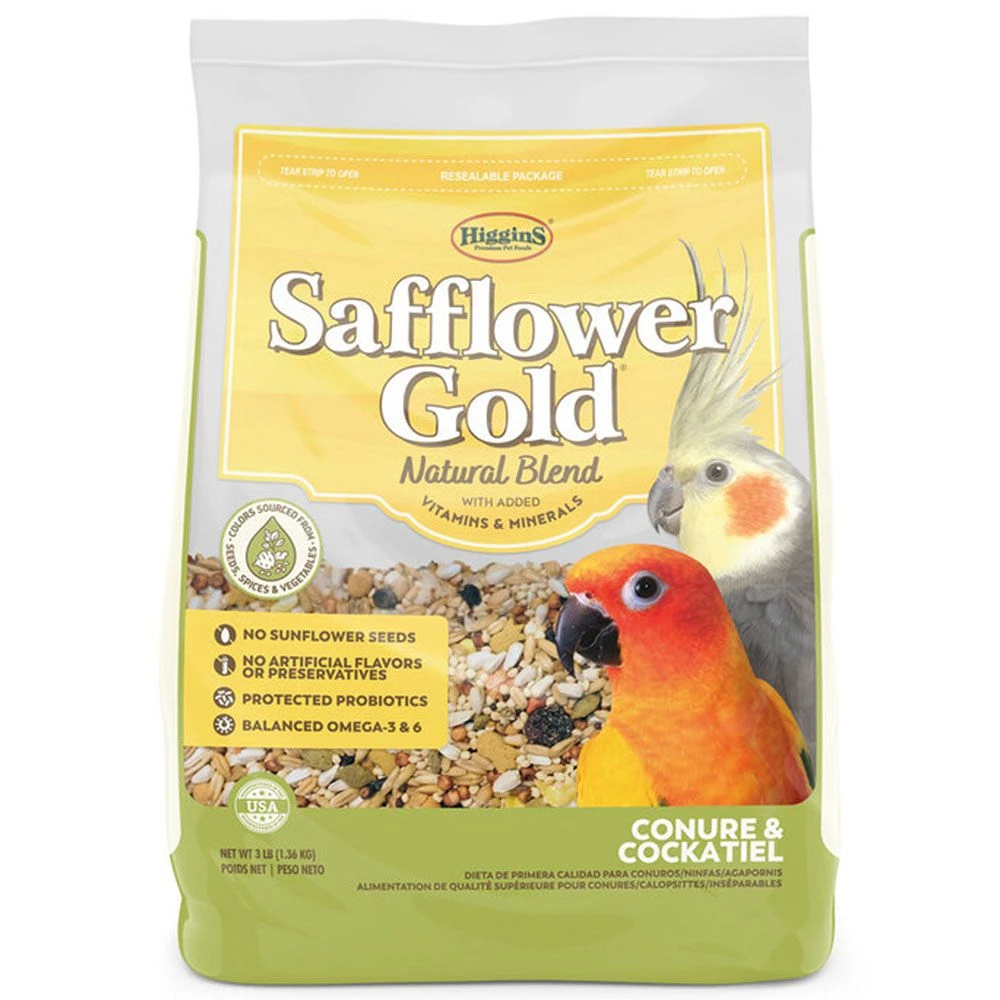 Higgins Safflower Gold Natural Mix Conure & Cockatiel Food, 3-lb Bag
