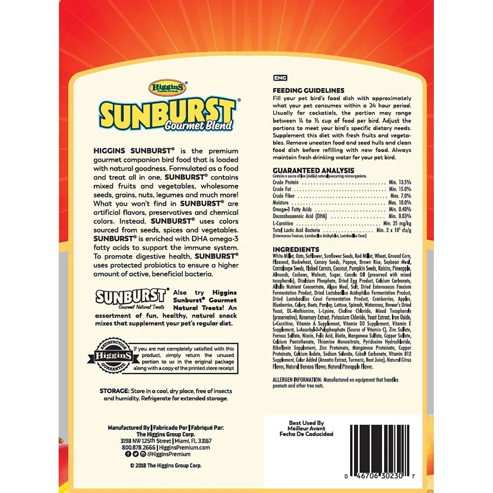 Higgins Sunburst Gourmet Blend Cockatiel Food, 3-lb Bag - Image 3