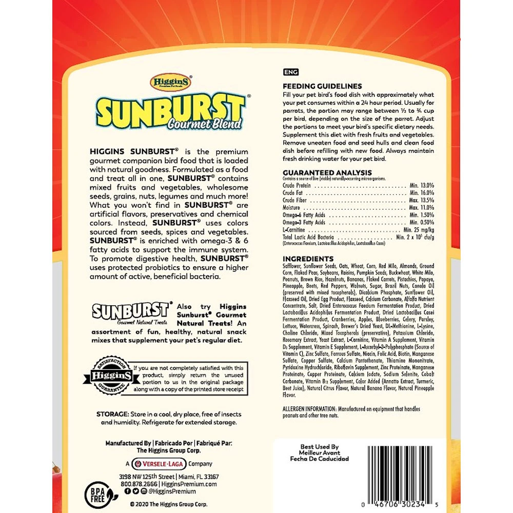 Higgins Sunburst Gourmet Blend Parrot Food, 3-lb Bag - Image 3