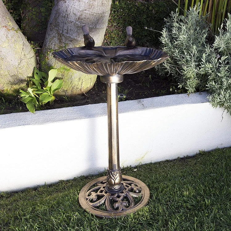 Alpine Vintage Bronze Poly Birdbath, Shell-Shaped With Bird Accent - Image 2