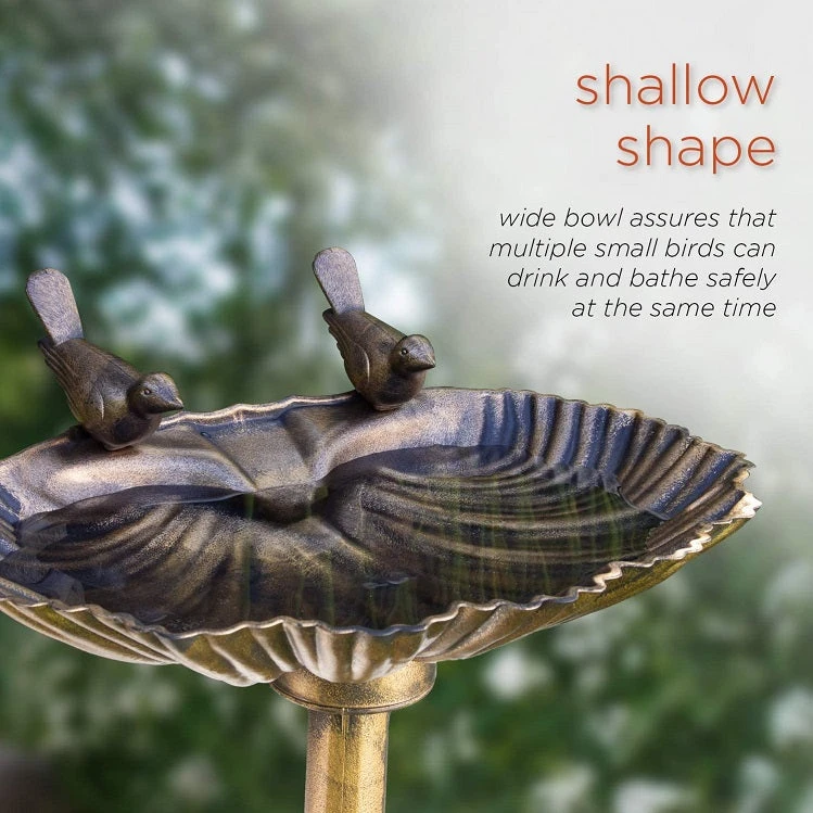 Alpine Vintage Bronze Poly Birdbath, Shell-Shaped With Bird Accent - Image 6
