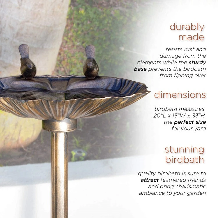 Alpine Vintage Bronze Poly Birdbath, Shell-Shaped With Bird Accent - Image 5